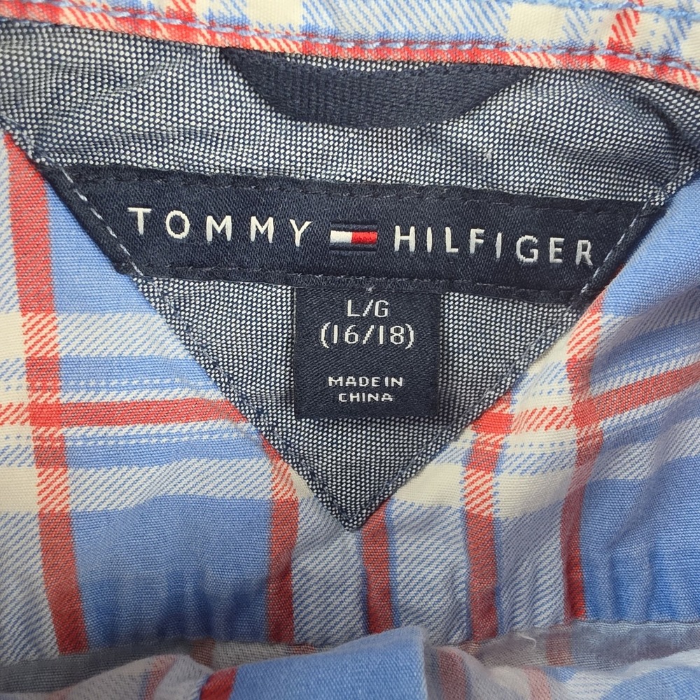 Tommy Hilfiger Plaid Button Down Shirt Boys L 16/18 Blue Red White